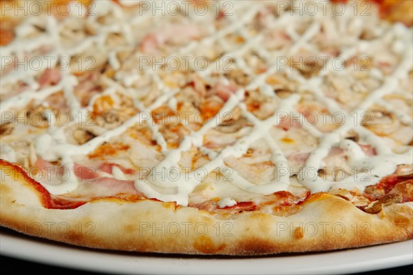 Closeup view of pizza with chicken fillet