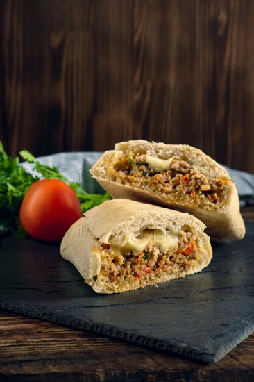 Spicy ciabatta stuffed with fried beef mince