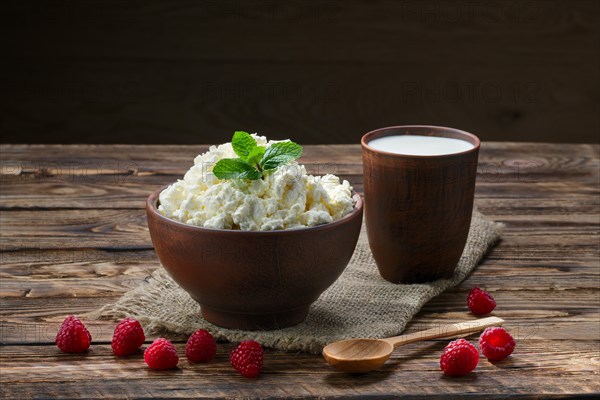 Cottage cheese and milk in clayware on wooden table