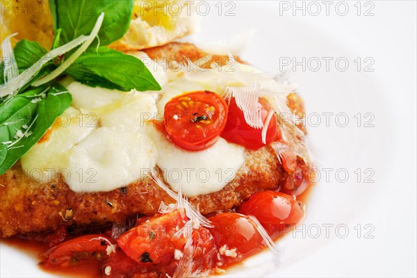 Closeup view of roasted chicken fillet with tomato cherry