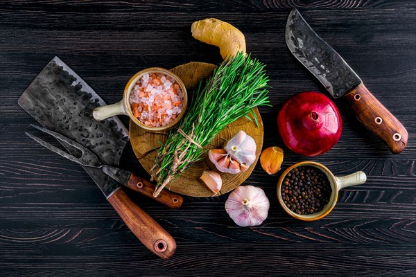 Overhead view of rustic butcher meat knife