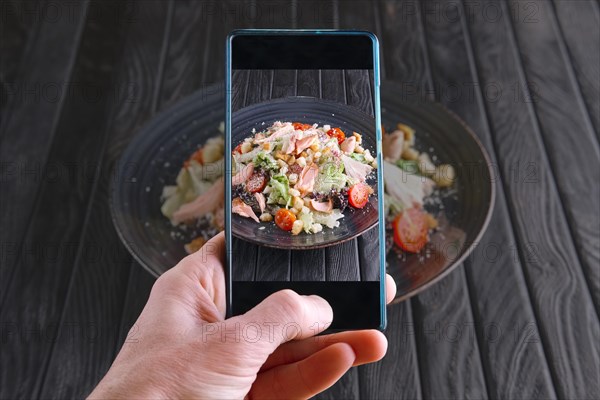 Photographing salad with smoked salmon with mobile phone. Food blogging