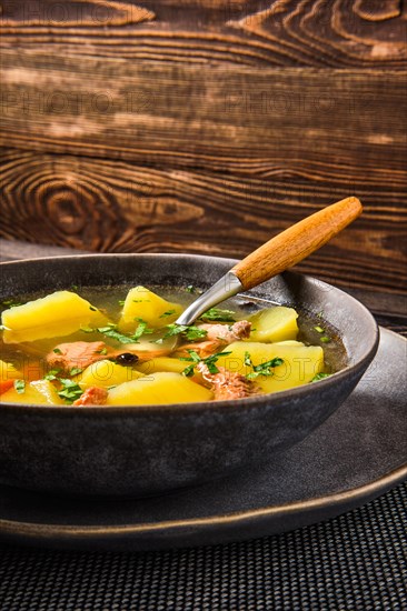 Red salmon fish soup with potato and carrot