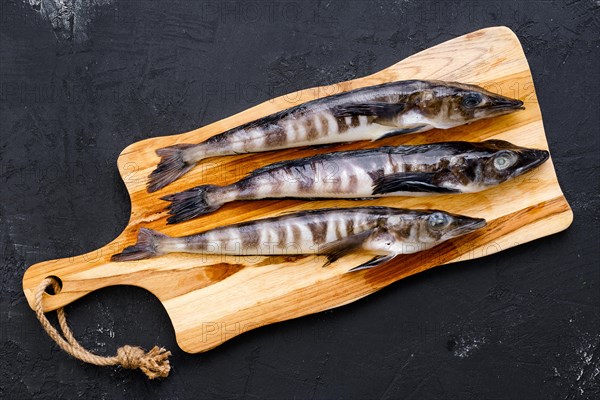 Top view of raw fresh icefish on wooden cutting board