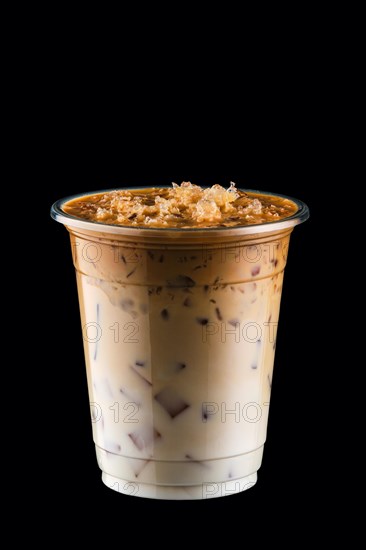 Coffee with ice in take away cup isolated on black background