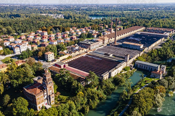 Aerial of the Unesco world heritage site "company town". Crespi dÂ´Adda