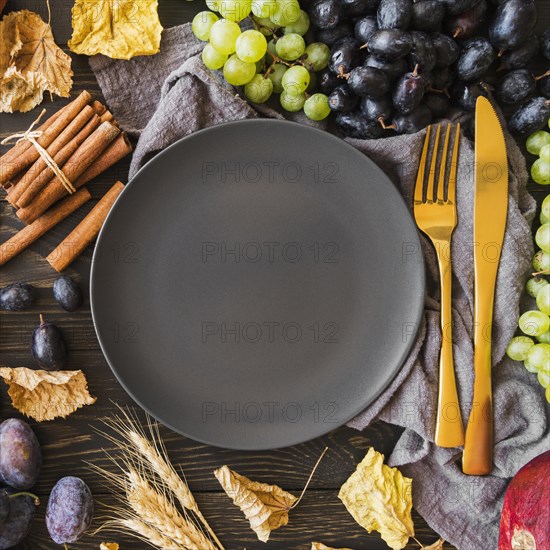 Top view fruits arrangement with plate. Resolution and high quality beautiful photo