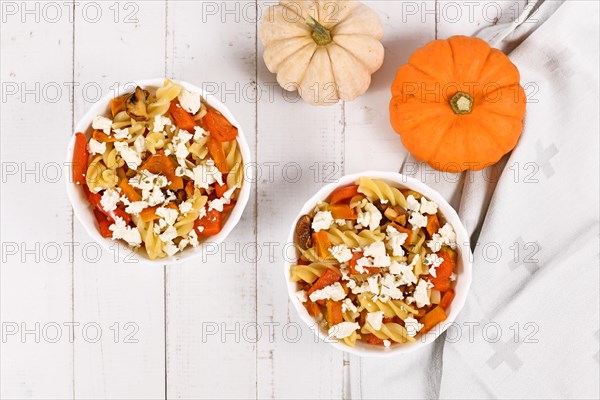 Top view of bowls with Fusilli pasta