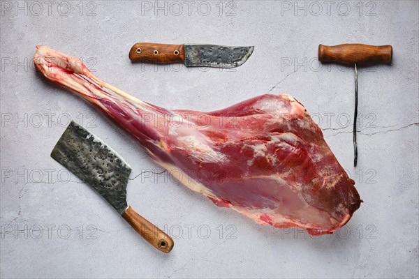 Overhead view of raw fresh deer leg with spice and herb over concrete background