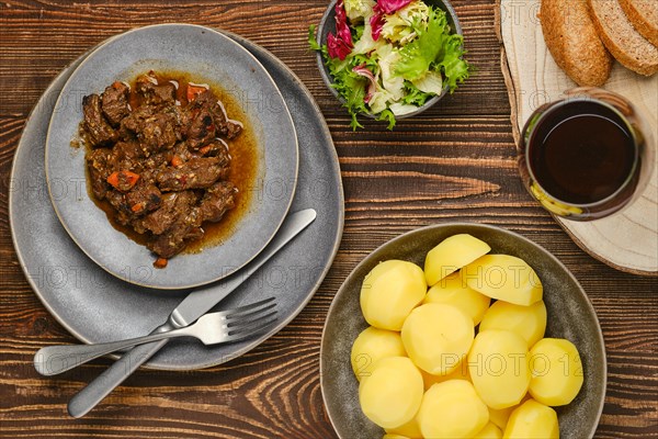 Overhead view of beef or deer ragout with potato