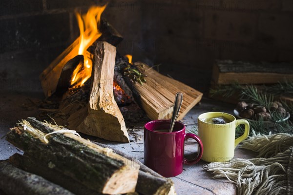 Logs beverages near fireplace