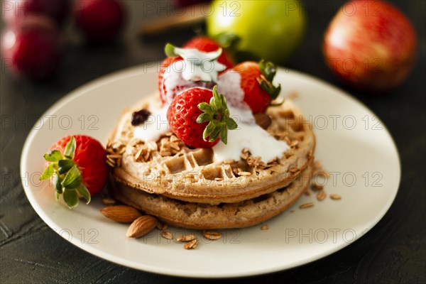 Waffles with strawberries yogurt. Resolution and high quality beautiful photo