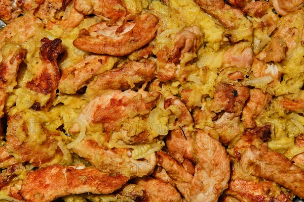 Closeup view of chicken stripes baked with cheese and onion
