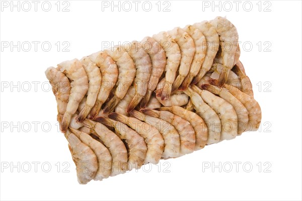 Overhead view of raw tiger shrimp frozen in large ice cube isolated on white background