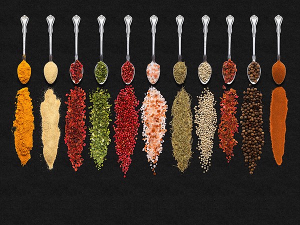 Various seasonings and herbs in spoons on dark background