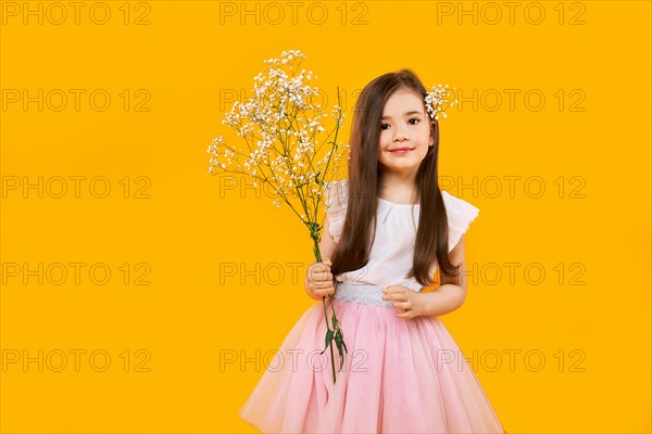 Cute young girl with wildflowers bouquet in hands on yellow background