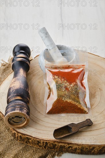 Mixture of different spices in plastic packaging