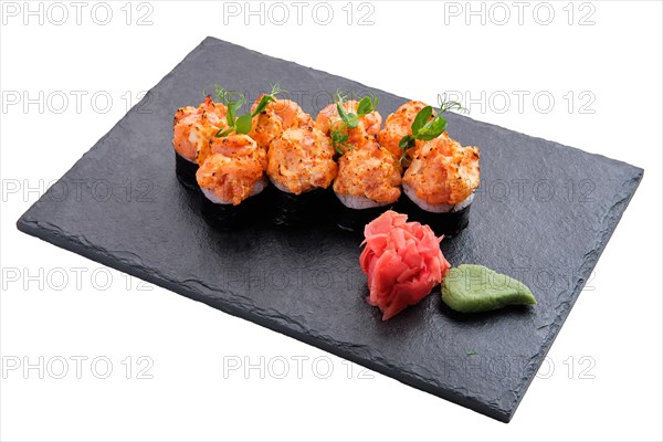 Set of hot rolls with baked salmon isolated on white background