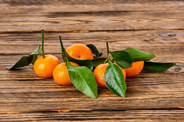 Fresh small mandarines with leaves on wooden background