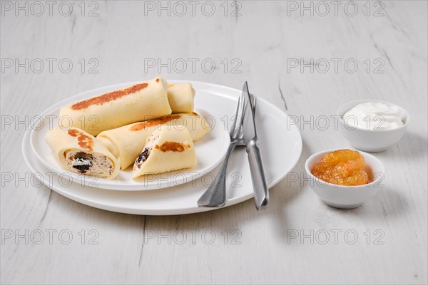 Thin crepe stuffed with curd and raisins