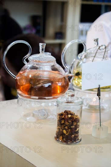 Herbal tea brewed in glass teapot and tea plant in a bottle