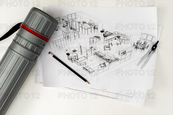 Flat lay architectural sketch with pencil ant tube