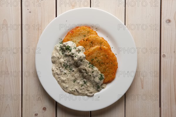 Traditional belorussian potato pancakes draniki with mushroom sauce on a plate