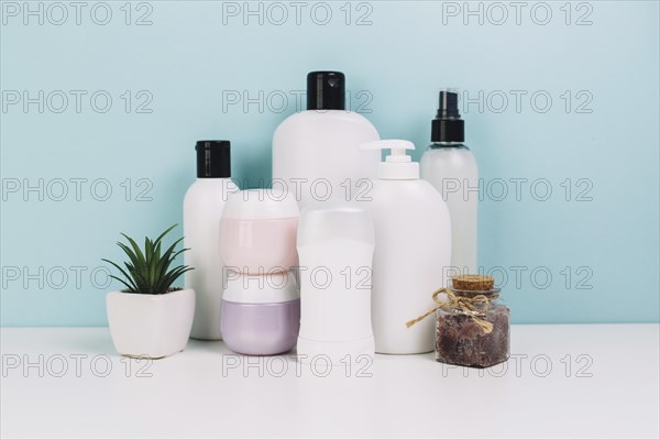 Cosmetics jars and bottles near plant