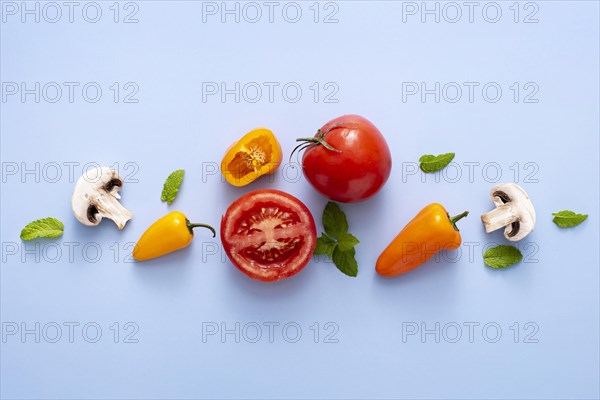 Top view tomatoes mushrooms peppers. Resolution and high quality beautiful photo