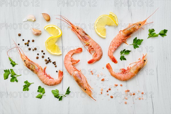 Top view of fomposition with fresh raw prawn with spice and herbs