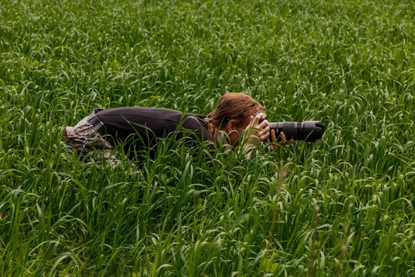 Wildlife photographer makes pictures with telephoto lens at the field