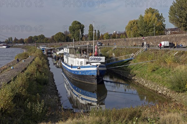 Moored houseboat on the banks of the Rhine Duesseldorf