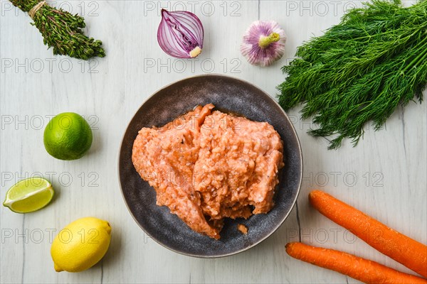 Top view of plate with minced salmon