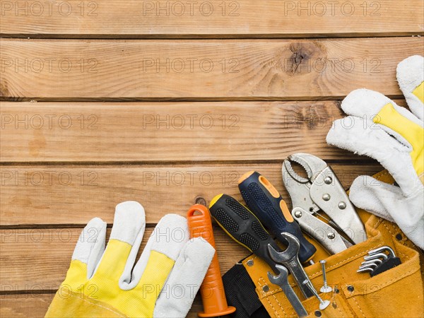 Different carpentry tools wooden table