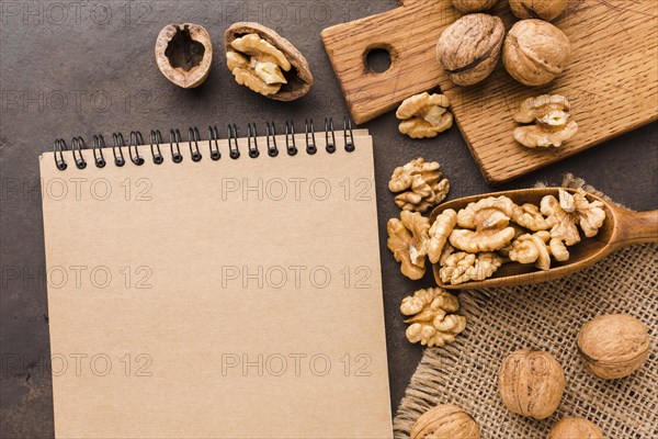Top view nuts with notepad. Resolution and high quality beautiful photo
