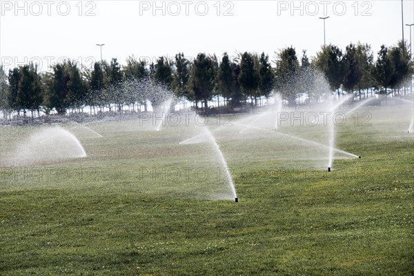 Lawn water sprinkler spraying water over grass in garden