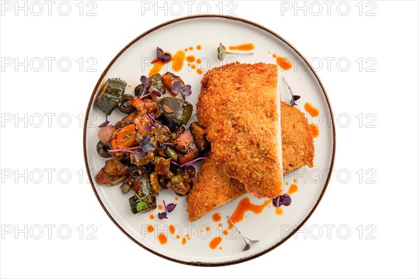 Cutlet with stuffing in breading with fried eggplant