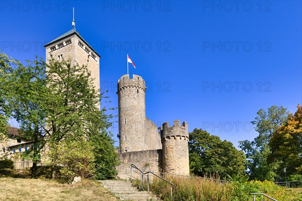 Old historic hill castle called Starkenburg in Odenwald forest in Heppenheim city in Germany