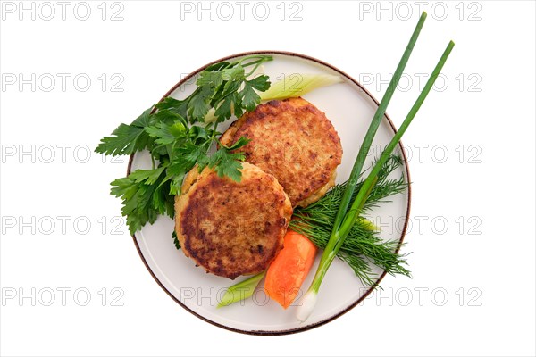 Fried ground beef and potato patties isolated on white background