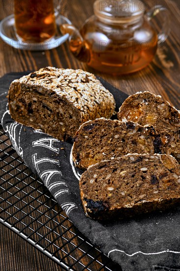 Close up view of artisan rye bread with dried apricots