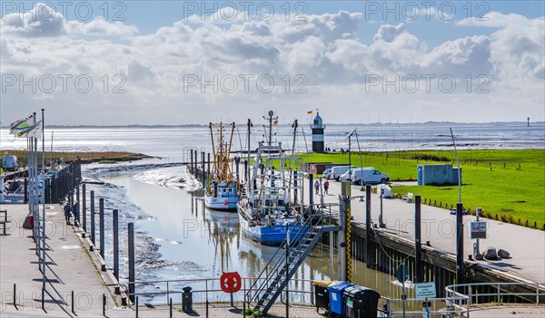 Sielhafen with crab cutters and Kleiner Preusse lighthouse at the mouth of the Weser