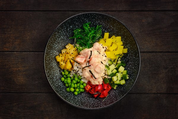 Top view of plate with salad ingredients