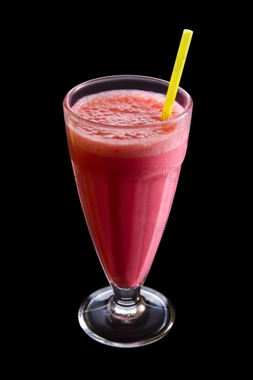 Strawberry milkshake isolated on black background