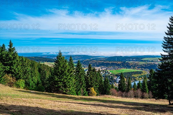 A clearing with coniferous trees at the foot of the Fichtelberg with a view into the valley towards Oberwiesenthal in autumn