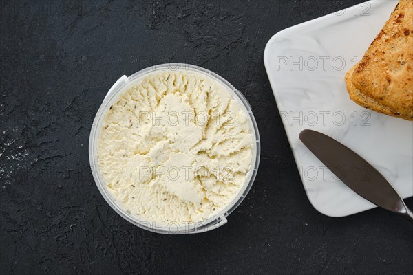 Top view of country style cottage cheese in a pot