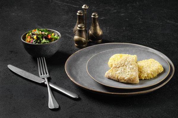 Semifinished squid cutlet in breading on a plate