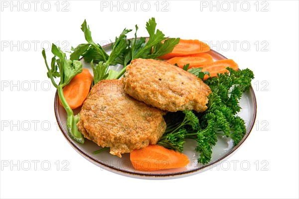 Fried beef cutlet in breading with fresh carrot isolated on white