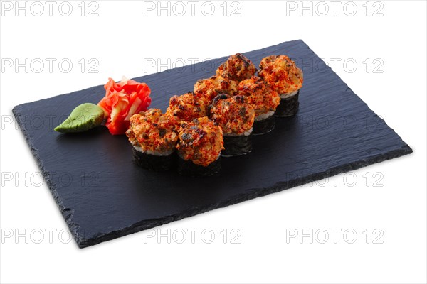 Portion of roasted rolls with shrimp isolated on white background