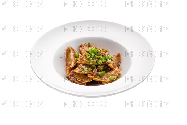 Deep-fried japanese gyoza or dumplings snack with soy sauce isolated on white background