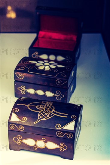 Ancient style wooden treasure chest with mother of pearl inlay